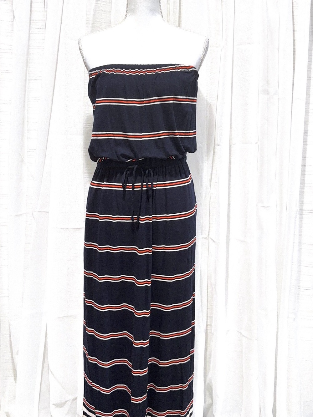 J. Crew Navy Strapless Maxi Dress with Red & White Stripe Detail